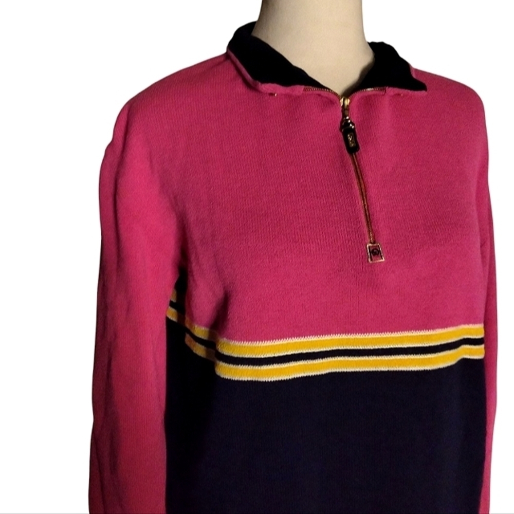 St. John Pink Yellow Color Block 1/4 Zip Knit Sweater Size Small - Picture 3 of 7